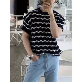 Plus Size Men's Creative Wave Lines Pattern Knit Short Sleeve Sweater, Fashionable Comfy Top