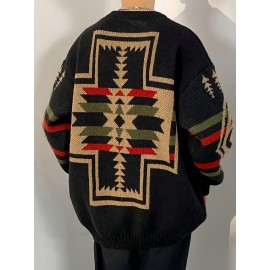 Men's Plus Size Sweater With Tribal Pattern Print, Casual And Preppy Style, Crew Neck, Knitted Pullover, Cozy And Warm For Fall/Winter