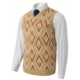 Plus Size Men's Argyle Knit Vest Sweater For Spring Fall, Casual Elegant Sleeveless Tops