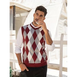 Plus Size Mens V Neck Argyle Knitted Vest - Soft Slight Stretch Acrylic Fabric, Casual Plaid Pattern, Machine Washable, Fall/Winter Fashion Essential for K-pop Fans - Regular Fit, Sleeveless Design, Easy Care, Perfect for College Style