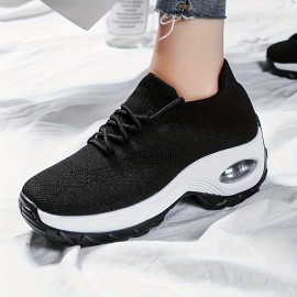 Women's Breathable Knit Chunky Sneakers, Casual Lace Up Air Cushion Shoes, Women's Hiking Sock Shoes