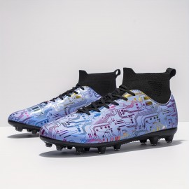 Unisex Geometric Pattern Football Cleats, High Top Soccer Shoes, Non-slip Breathable Training Shoes For Indoor & Outdoor