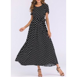 Fashion Women Long Polka Dot Dress Short Sleeves High Waist Tie A-Line Vintage Maxi Dress