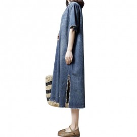New Women Loose Casual Denim Dress Short Sleeves O-Neck Split Jean Midi Vintage Dress Blue