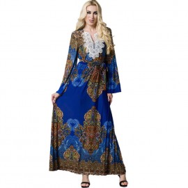 New Women Bohemian Long Dress Flare Sleeve Casual Beach Dress Muslim Robe Islamic Arabia Sundress Blue