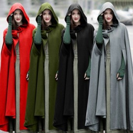 Casual Women Winter Cloak Hooded Sleeveless Button Closure Long Cape Costume Cosplay Outerwear