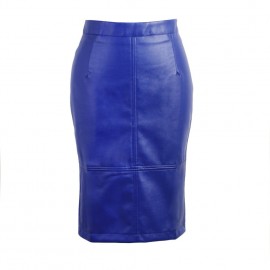 New Fashion PU Midi Skirt Solid Color Press Stud Zip Slit Back High Waist Clubwear Party Bodycon Skirt