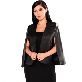 Fashion Women PU Leather Jacket Open Front Split Loose Cape Cloak Coat Street Outerwear Black