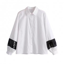 Fashion Women Sequins Shirt Turn-Down Collar Long Sleeve Casual Loose Blouse Tops White