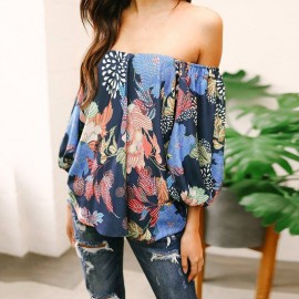 New Fashion Women Loose Off the Shoulder Top Floral Print Draped Blouse Shirts Casual Tops