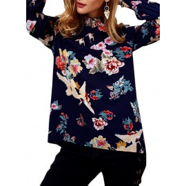 New Fashion Women Chiffon Blouse Floral Print Long Sleeve High Neck Casual Elegant Pullover Tops