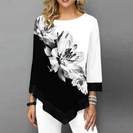 Fashion Women Floral Printed Blouse Plus Size 3/4 Sleeves Irregular Hemline O Neck Spring T-shirts Tees Casual Tops