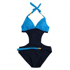 New Sexy Women One-piece Swimsuit Contrast Color Block Halter Backless Beach Swimwear Bathing Suit