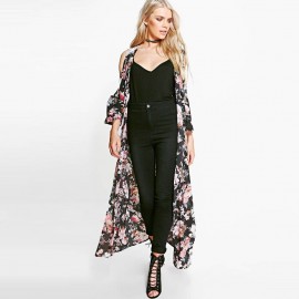 New Women Chiffon Loose Cardigan Open Front Floral Print 3/4 Sleeves Thin Vintage Casual Outerwear Black