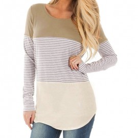 New Women Autumn Long Striped T-shirt Contrast Color Splicing Curved Hem O Neck Long Sleeve Pullover Tops