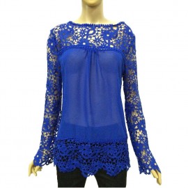 New Fashion Women Chiffon Blouse Lace Crochet Embroidery Sheer Sleeve Tee Tops Shirt White/Blue/Yellow