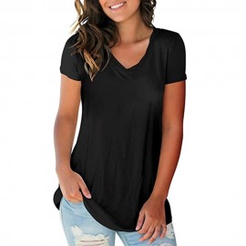 New Fashion Women T-shirt Solid Color V Neck Short Sleeve Rounded Hem Long Casual Party Wear Summer Tops