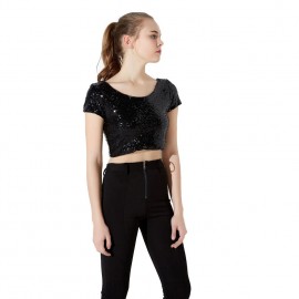 New Fashion Women Crop Top Sequined Open Back Round Neck Short Sleeve Solid Bodycon Fit Sexy Tee