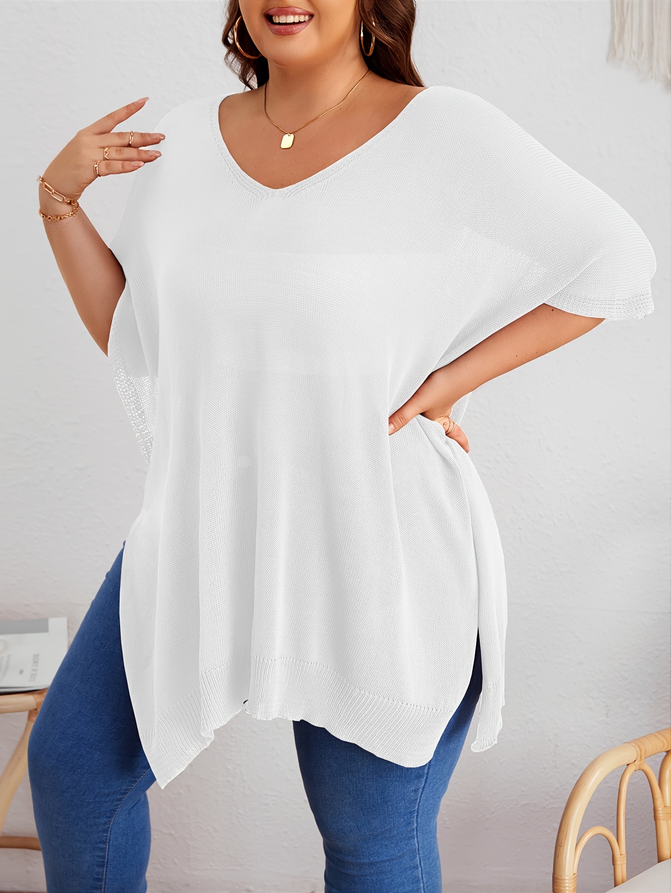 plus size solid knitted top casual v neck short sleeve top for spring summer womens plus size clothing details 0