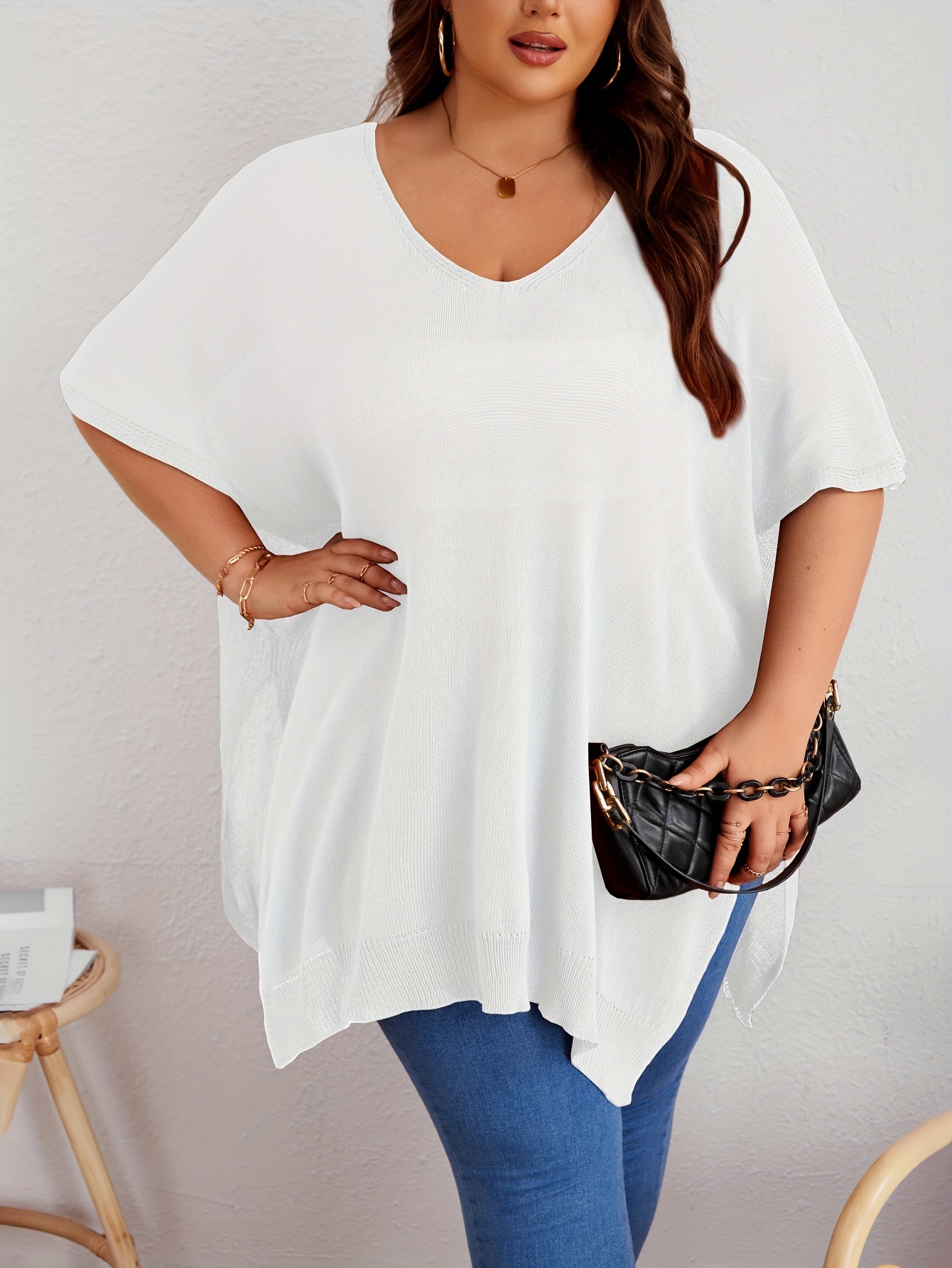 plus size solid knitted top casual v neck short sleeve top for spring summer womens plus size clothing details 2