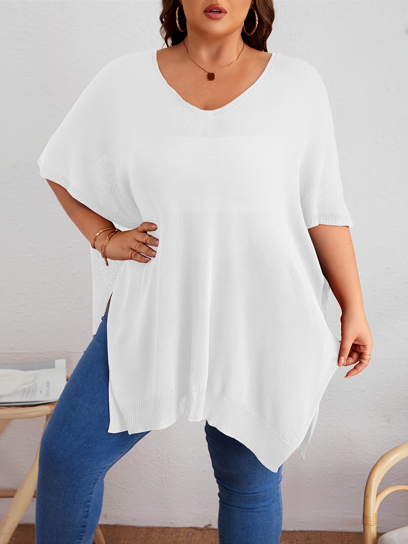 plus size solid knitted top casual v neck short sleeve top for spring summer womens plus size clothing details 3