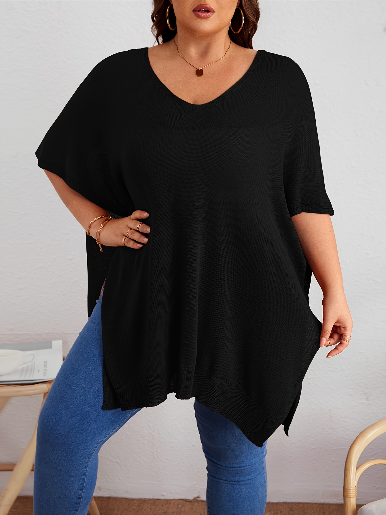 plus size solid knitted top casual v neck short sleeve top for spring summer womens plus size clothing details 4