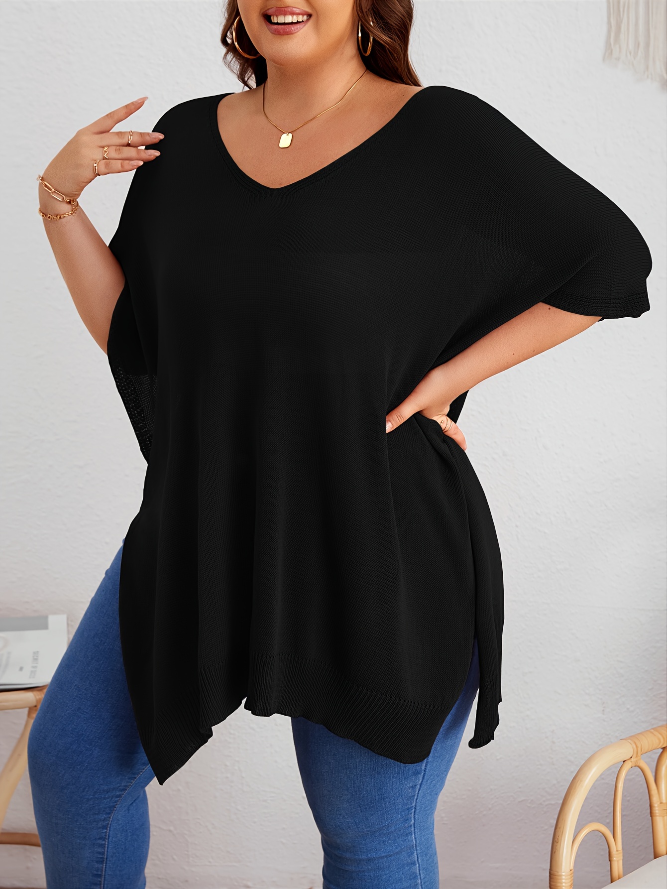 plus size solid knitted top casual v neck short sleeve top for spring summer womens plus size clothing details 5