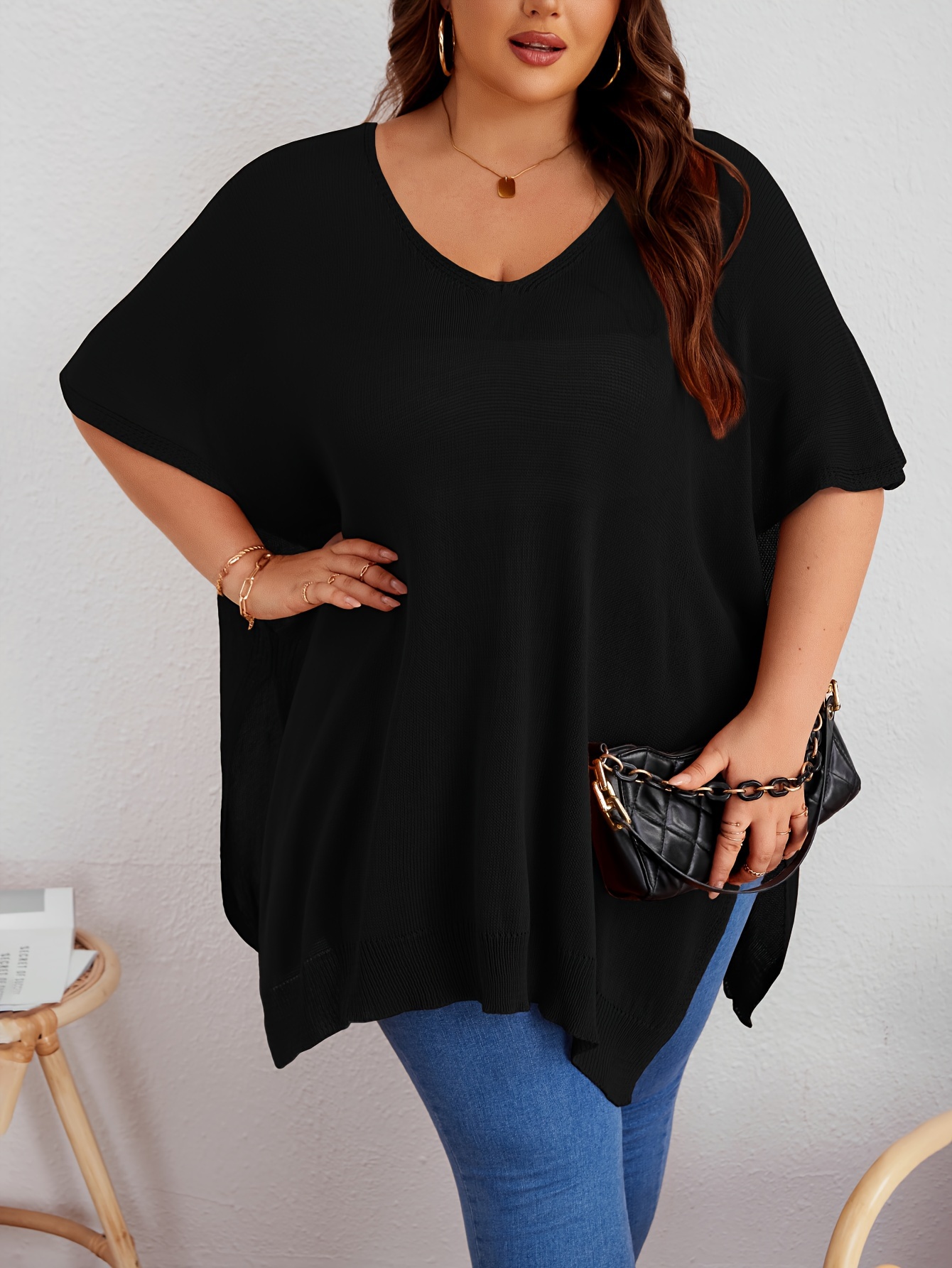 plus size solid knitted top casual v neck short sleeve top for spring summer womens plus size clothing details 6