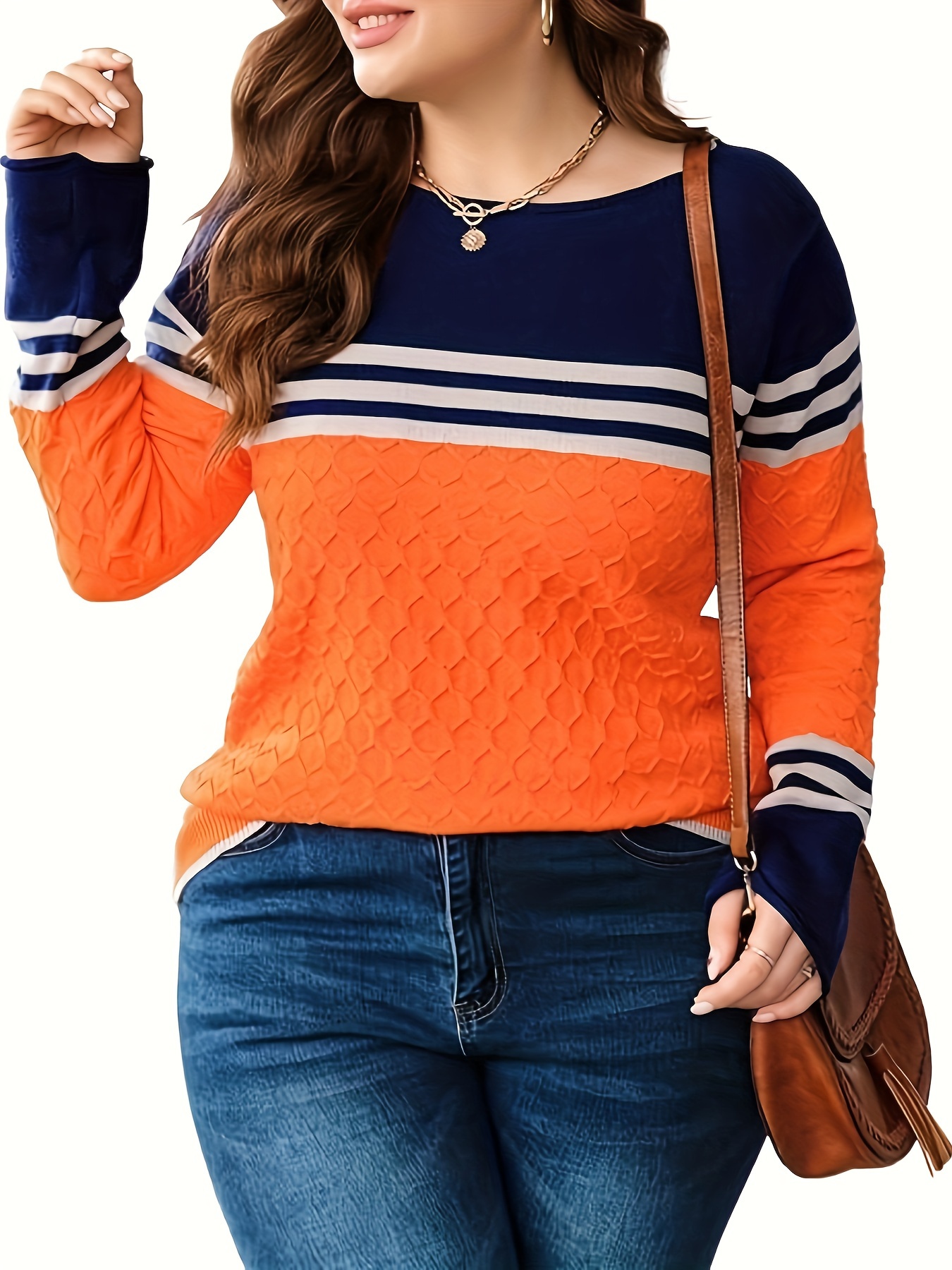 plus size color block pullover sweater casual crew neck long sleeve knit sweater womens plus size clothing details 4