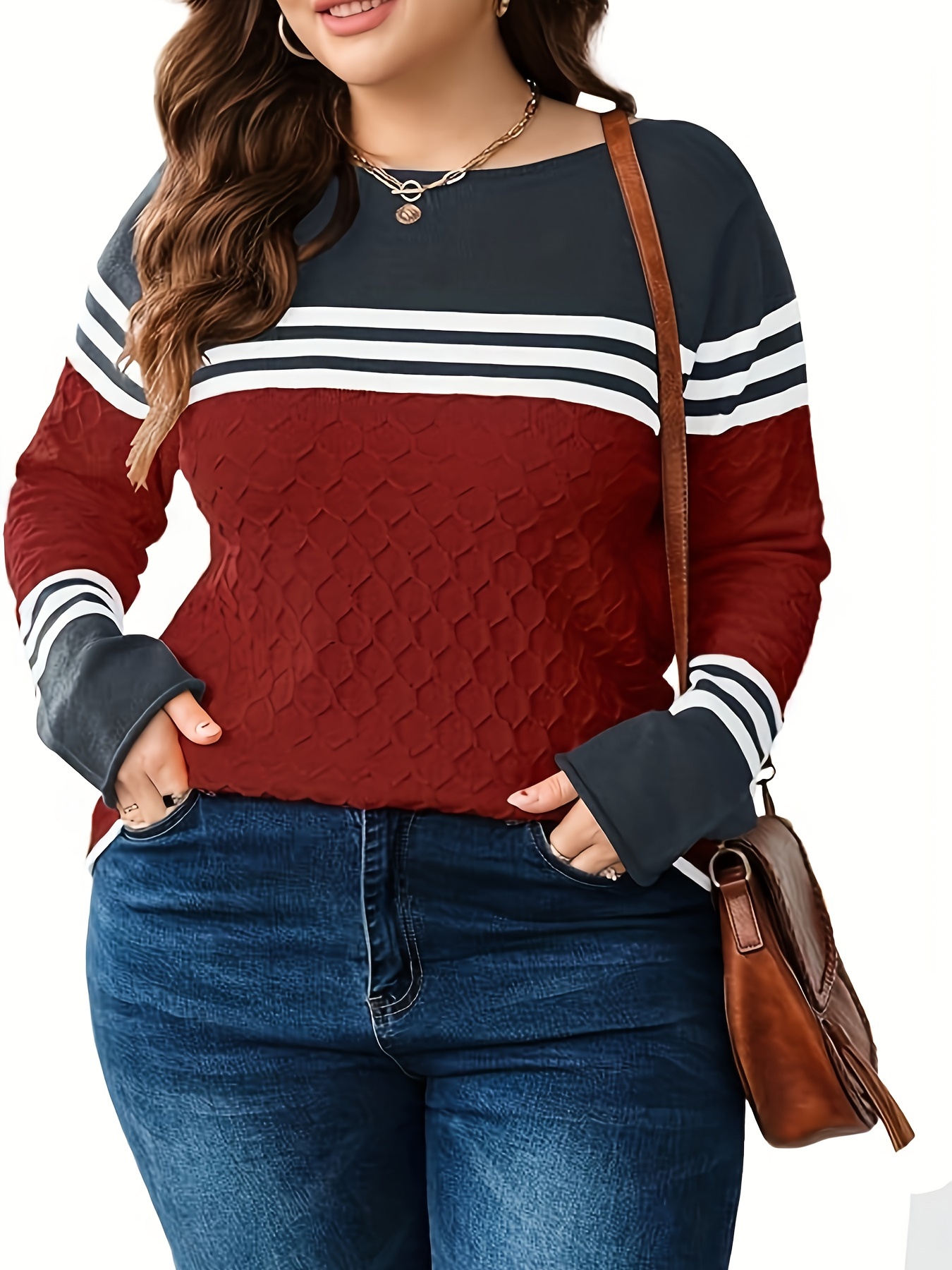 plus size color block pullover sweater casual crew neck long sleeve knit sweater womens plus size clothing details 9