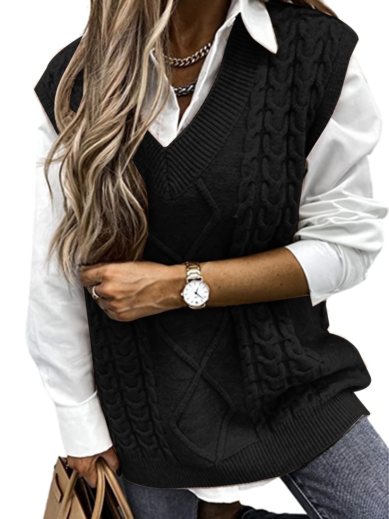 plus size preppy sweater vest womens plus solid argyle knit v neck slight stretch vest details 11