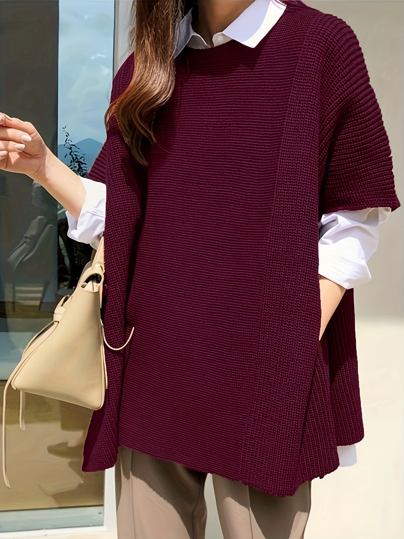 plus size side split sweater casual short sleeve crew neck sweater womens plus size clothing details 0