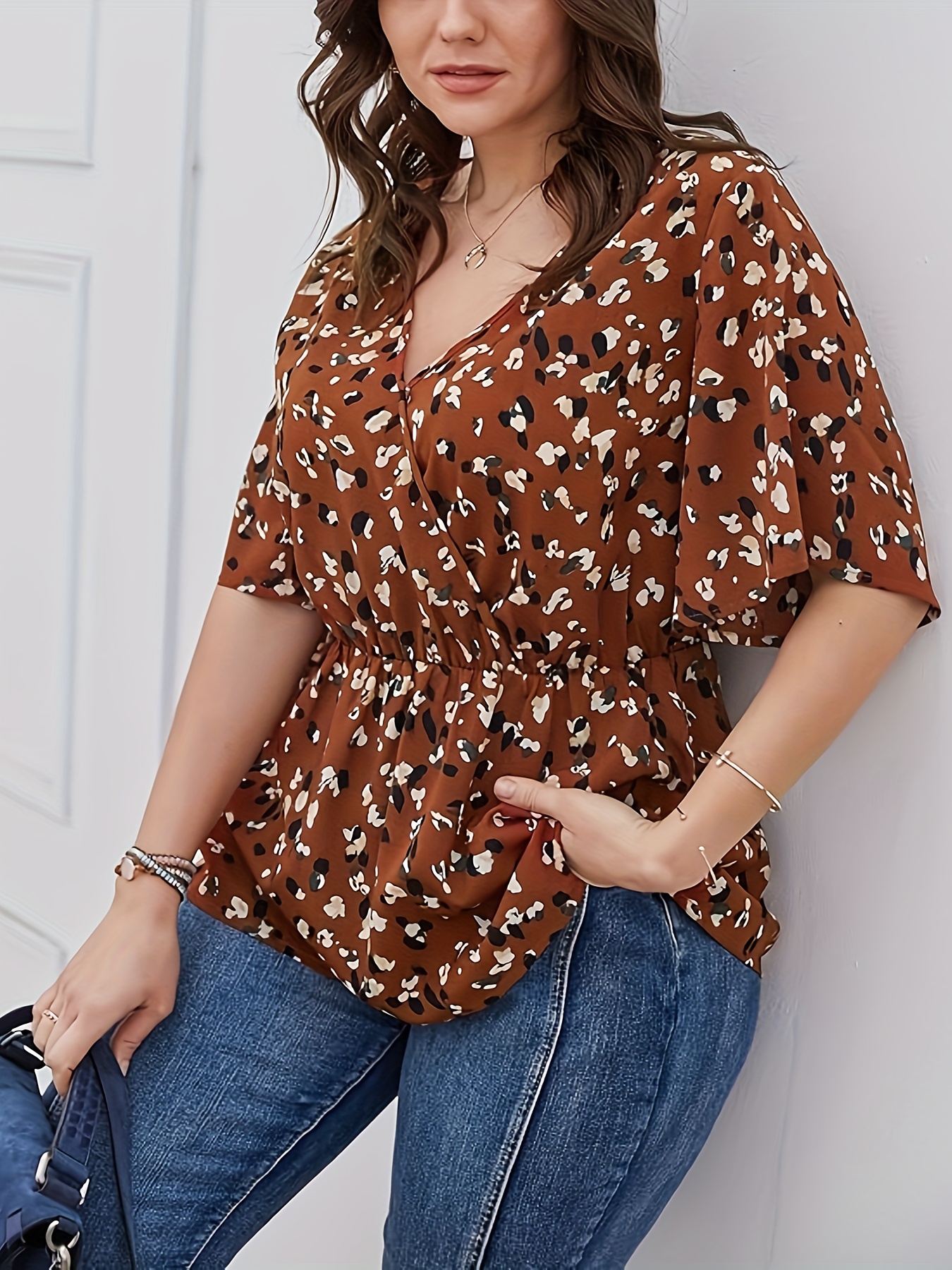 plus size allover print v neck blouse elegant half sleeve cinched waist blouse womens plus size clothing details 4