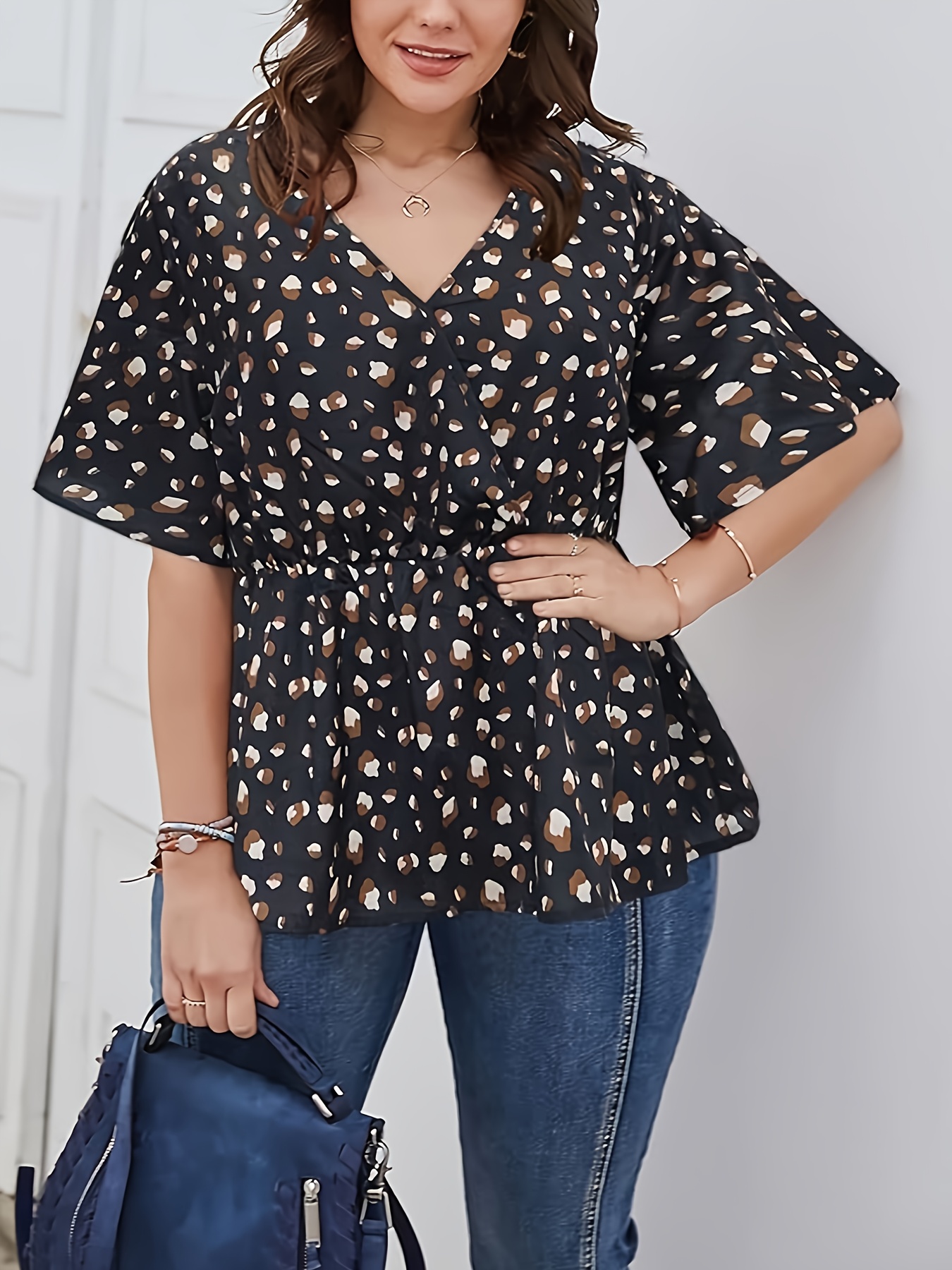 plus size allover print v neck blouse elegant half sleeve cinched waist blouse womens plus size clothing details 5