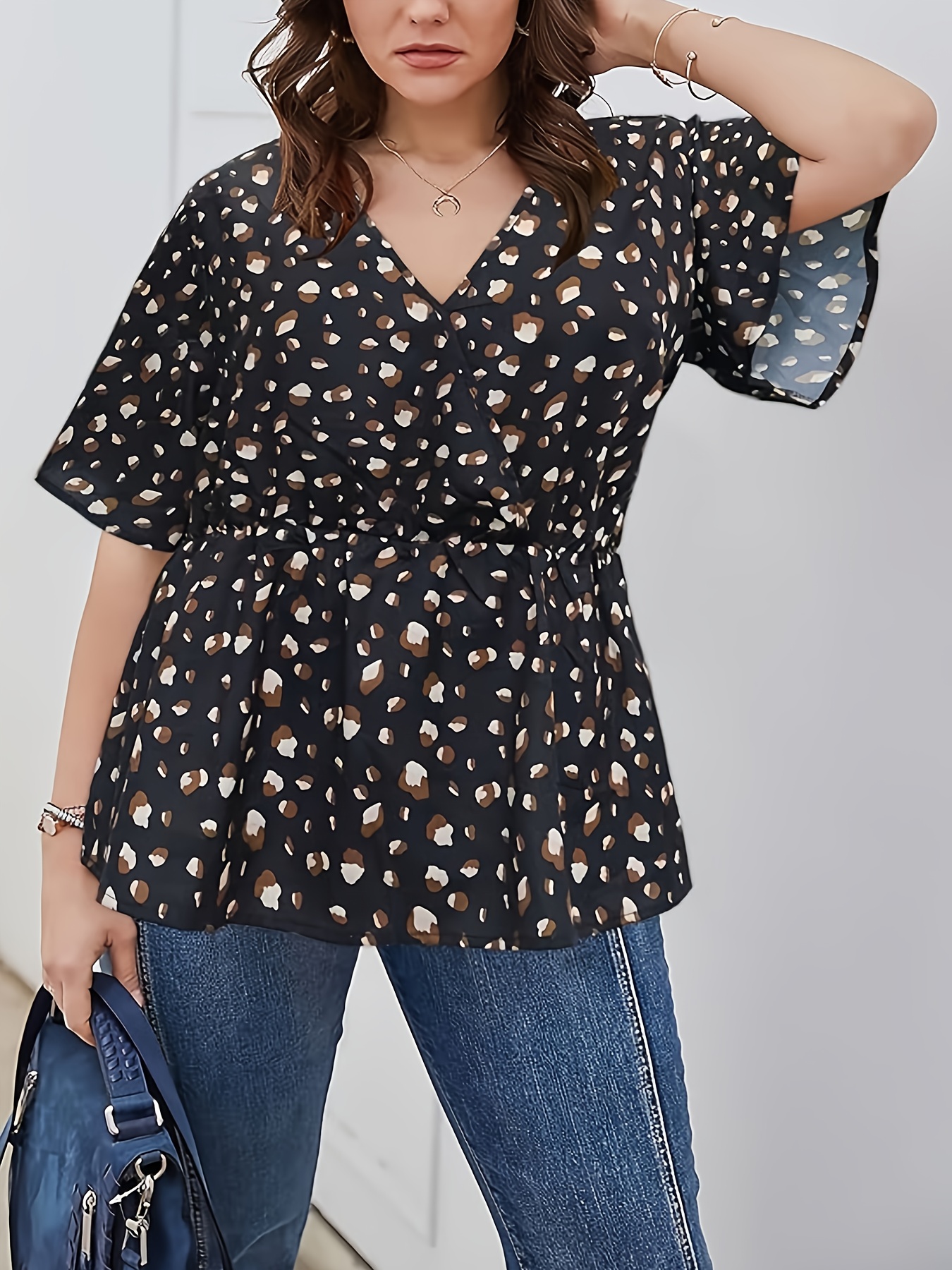 plus size allover print v neck blouse elegant half sleeve cinched waist blouse womens plus size clothing details 8