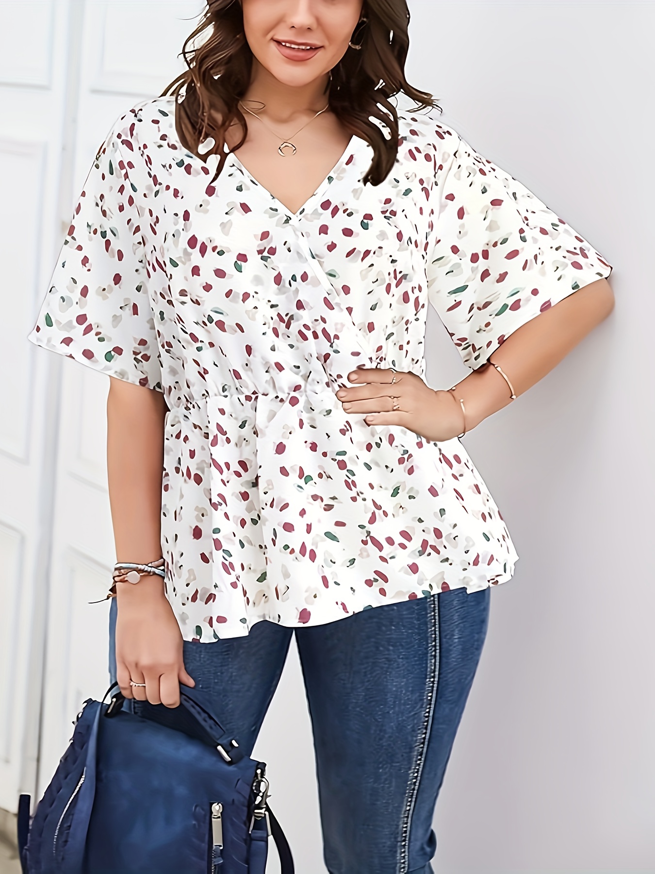 plus size allover print v neck blouse elegant half sleeve cinched waist blouse womens plus size clothing details 13