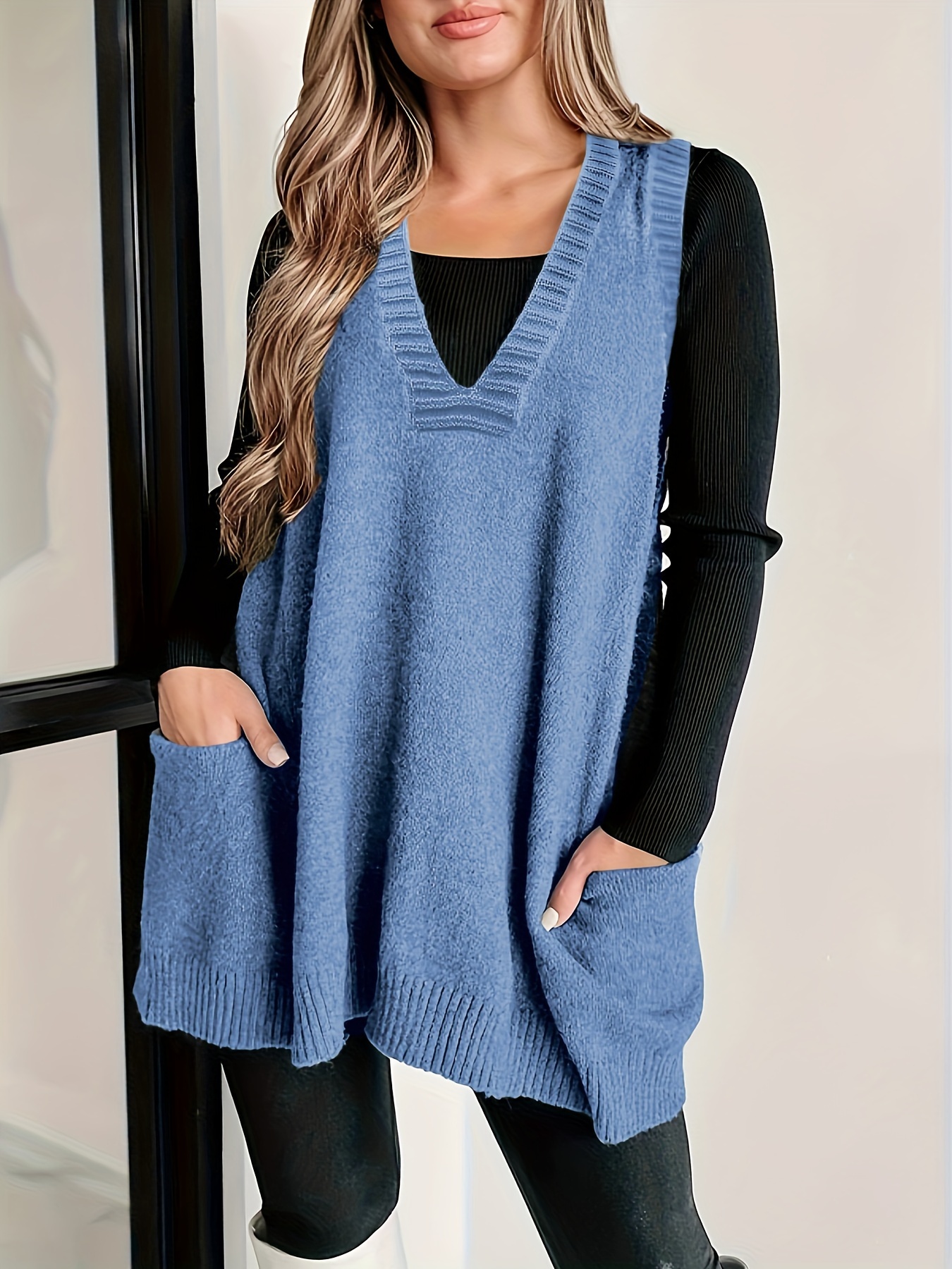 plus size solid knit sweater vest casual v neck sleeveless sweater for fall winter womens plus size clothing details 0