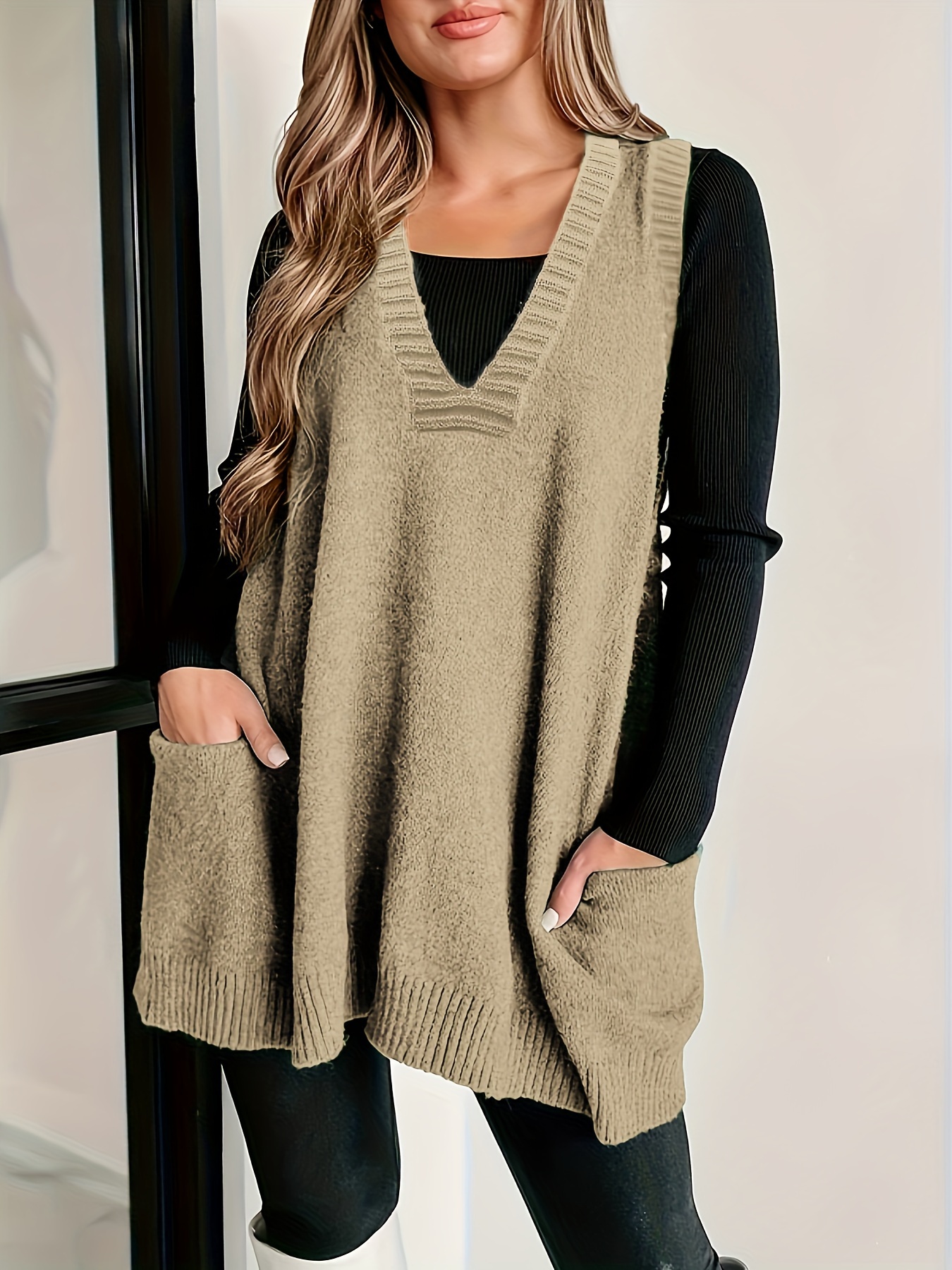 plus size solid knit sweater vest casual v neck sleeveless sweater for fall winter womens plus size clothing details 7