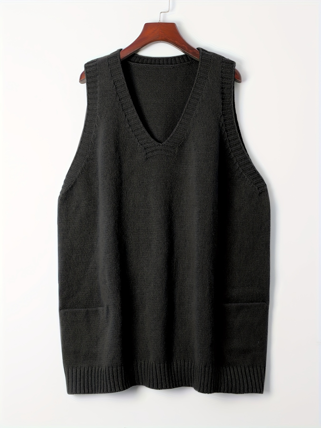 plus size solid knit sweater vest casual v neck sleeveless sweater for fall winter womens plus size clothing details 18