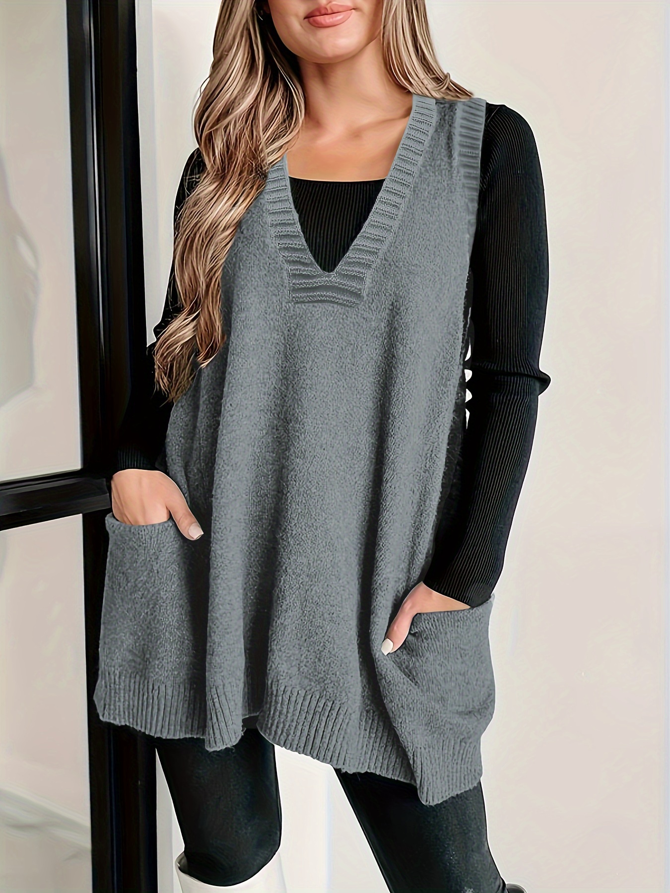 plus size solid knit sweater vest casual v neck sleeveless sweater for fall winter womens plus size clothing details 20