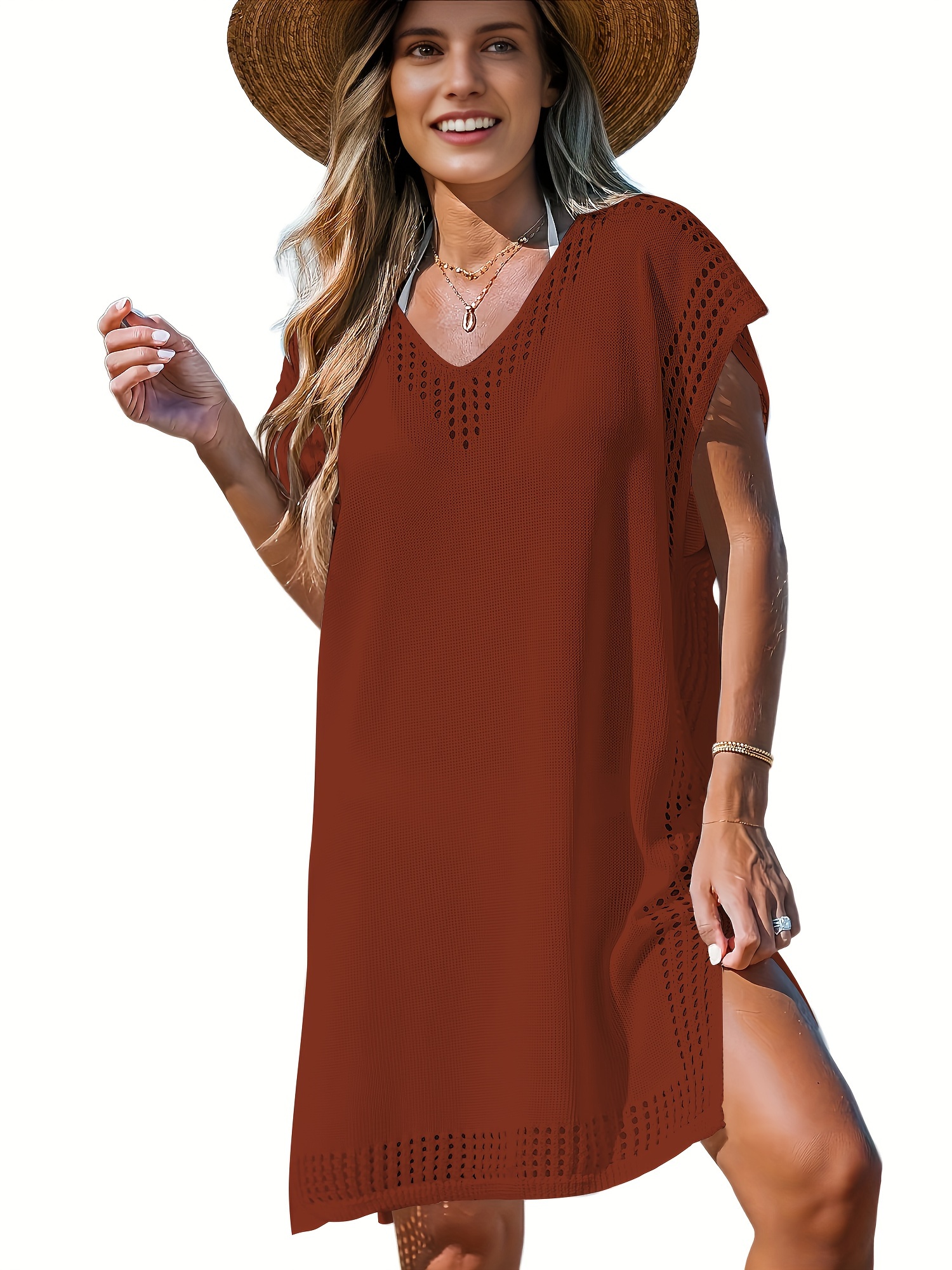 plus size side split knitted dress casual v neck short sleeve dress womens plus size clothing details 0