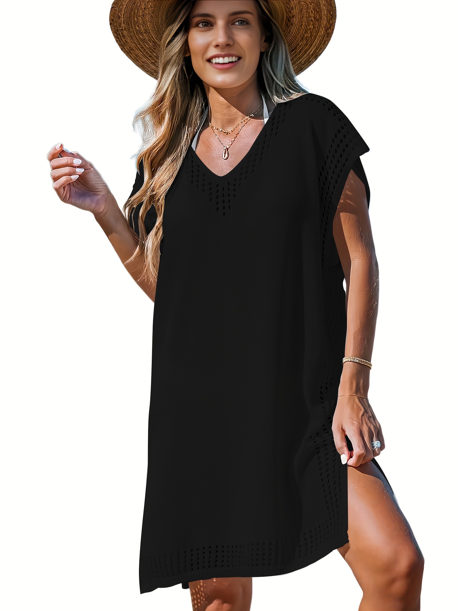 plus size side split knitted dress casual v neck short sleeve dress womens plus size clothing details 5