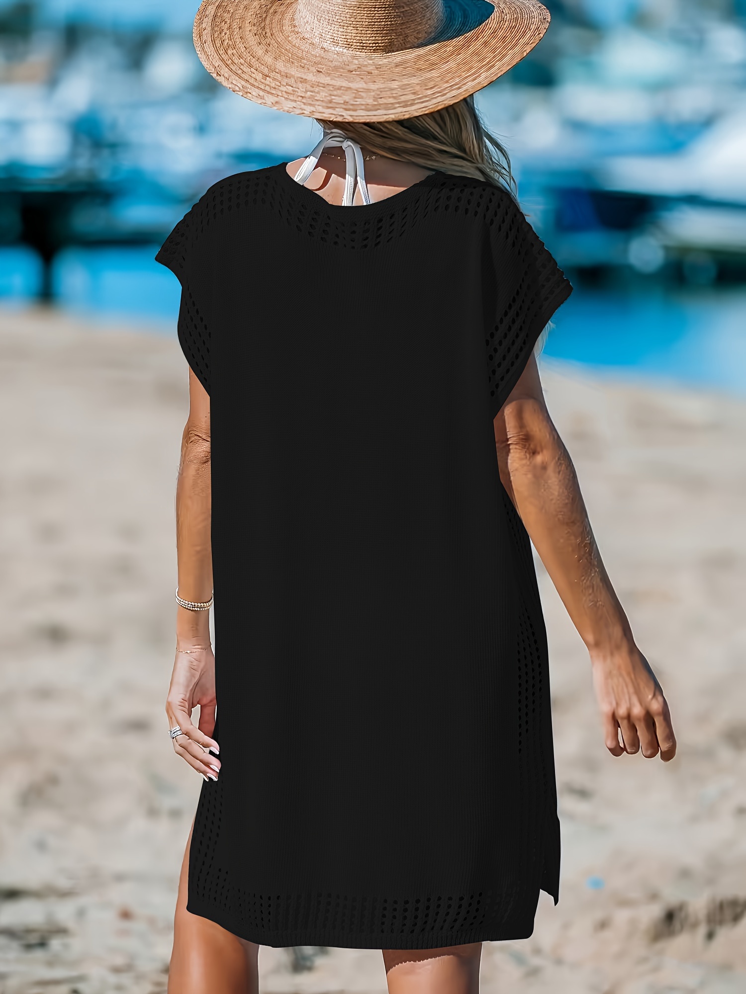 plus size side split knitted dress casual v neck short sleeve dress womens plus size clothing details 6