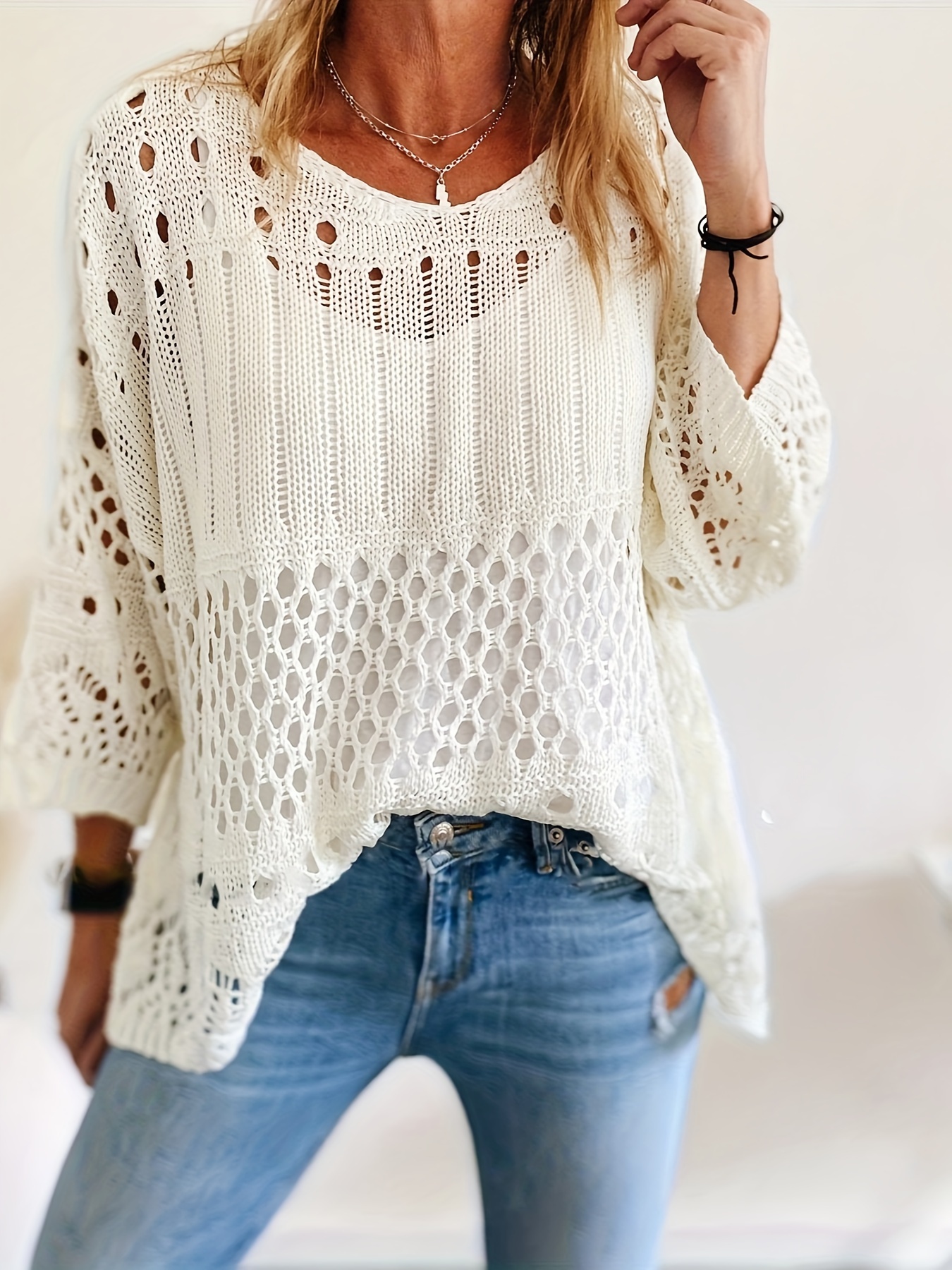 plus size solid cut out knitted top casual crew neck 3 4 sleeve top womens plus size clothing details 1