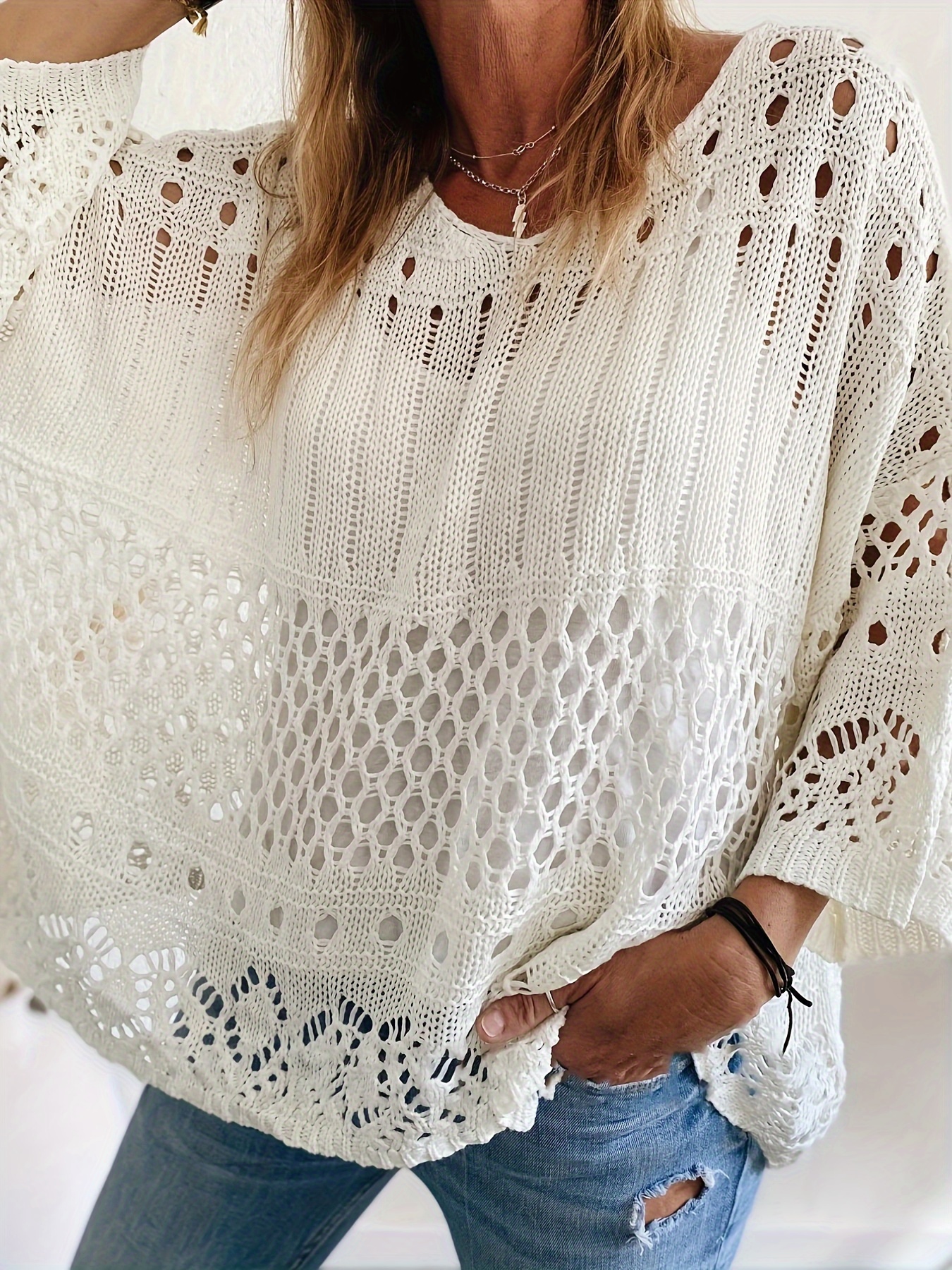 plus size solid cut out knitted top casual crew neck 3 4 sleeve top womens plus size clothing details 4