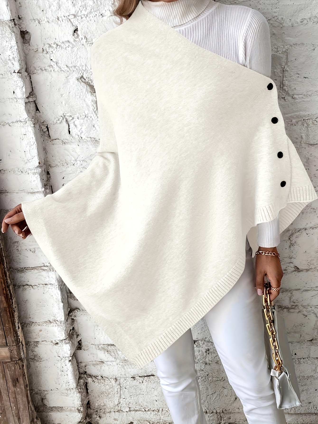 plus size solid poncho sweater elegant asymmetrical hem button down cape sweater for fall winter womens plus size clothing details 8