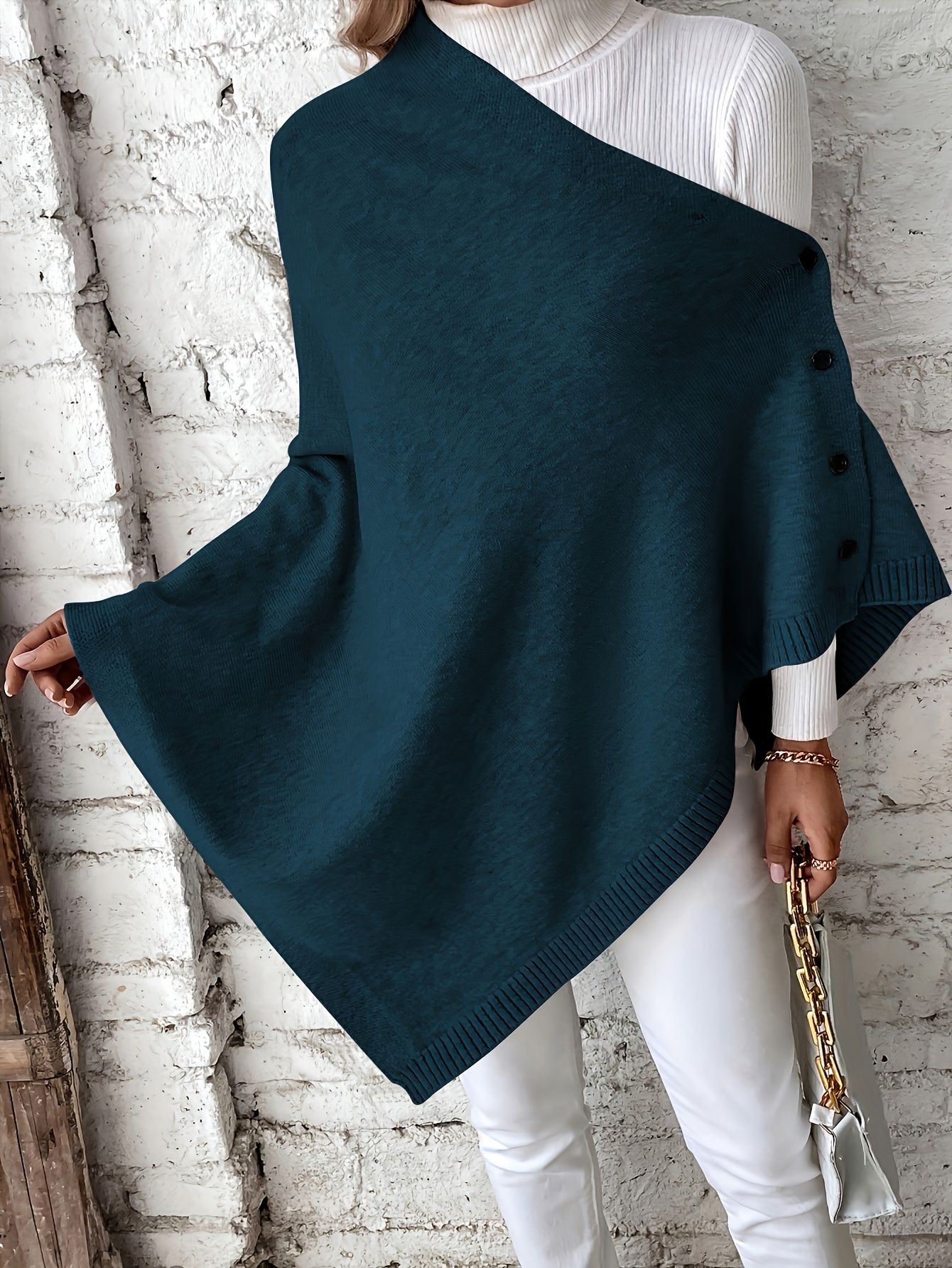 plus size solid poncho sweater elegant asymmetrical hem button down cape sweater for fall winter womens plus size clothing details 28