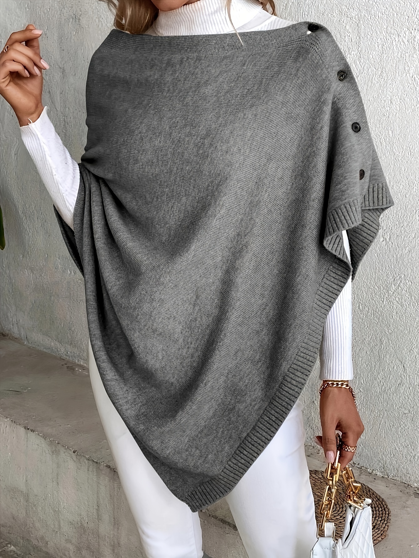 plus size solid poncho sweater elegant asymmetrical hem button down cape sweater for fall winter womens plus size clothing details 42