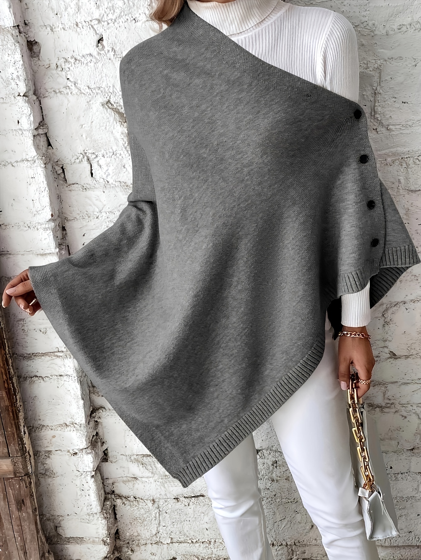 plus size solid poncho sweater elegant asymmetrical hem button down cape sweater for fall winter womens plus size clothing details 43