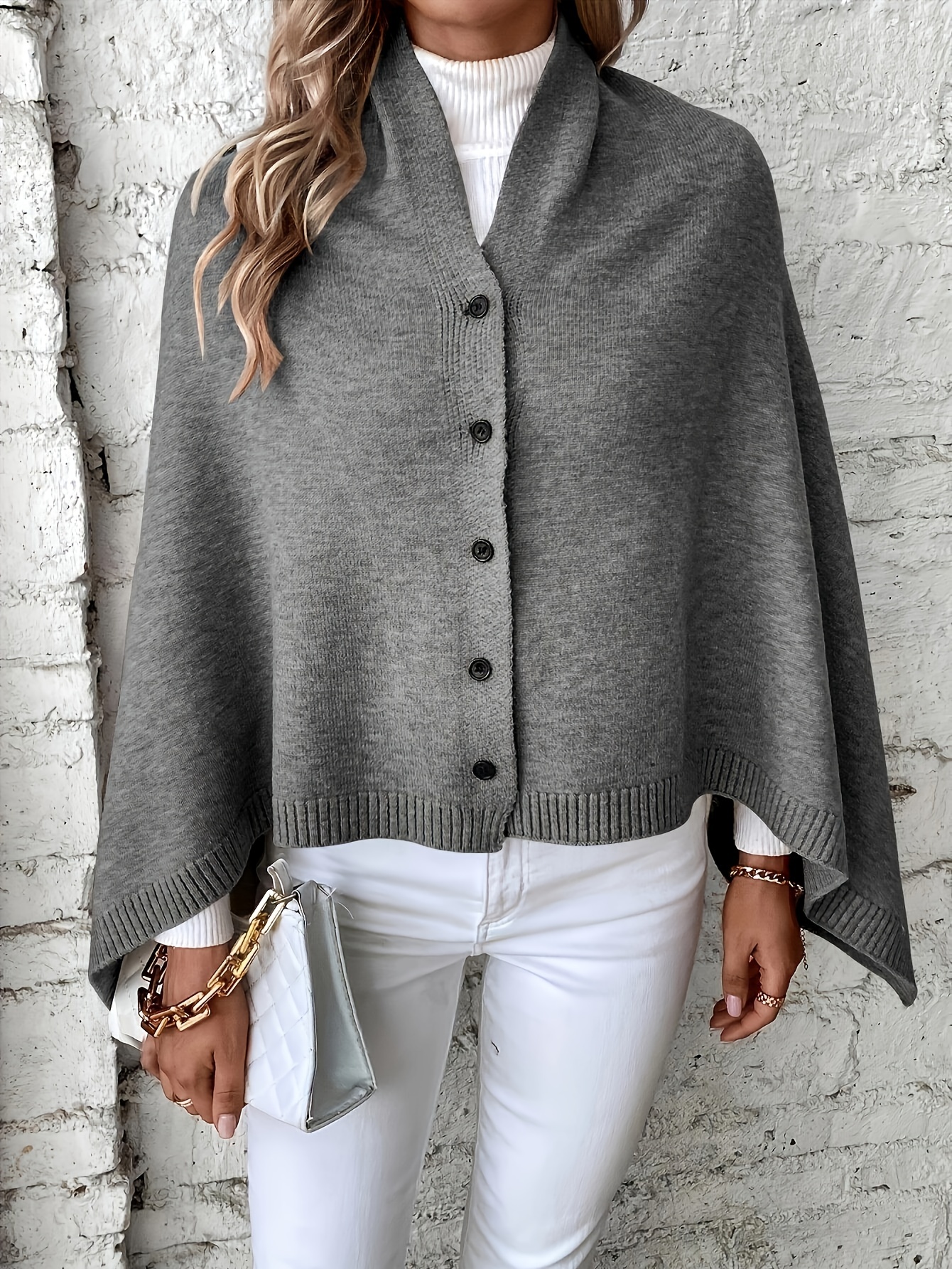 plus size solid poncho sweater elegant asymmetrical hem button down cape sweater for fall winter womens plus size clothing details 44